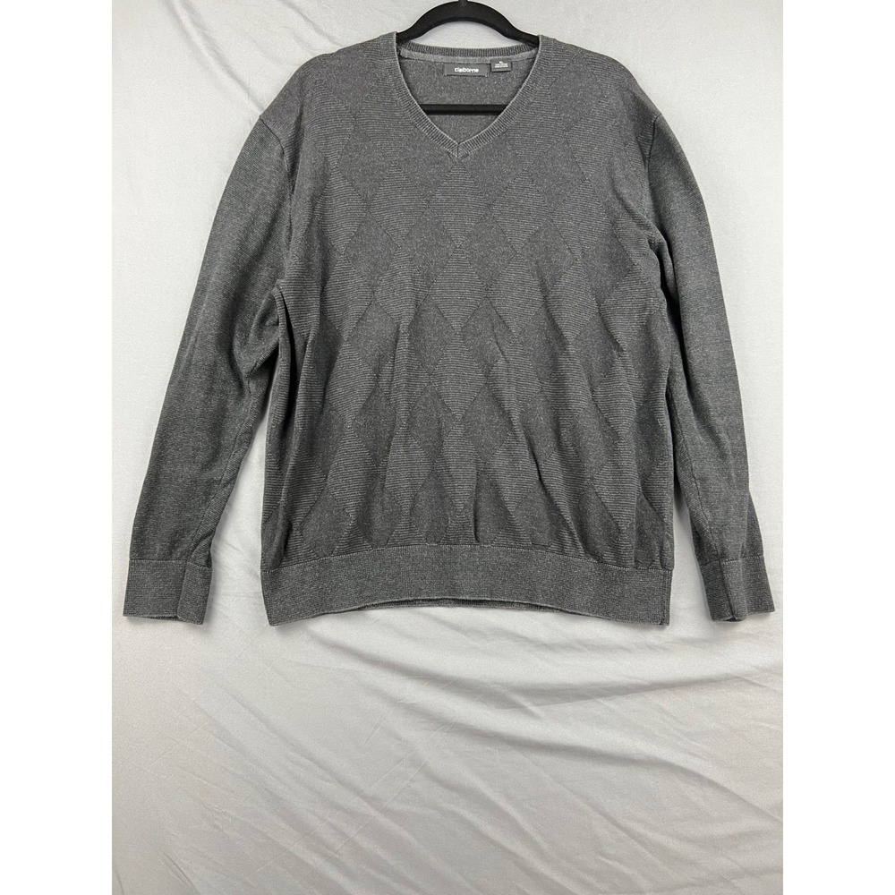 Claiborne Sweater Mens XL V-Neck Charcoal Gray Argyle Diamond 100% Cotton Good